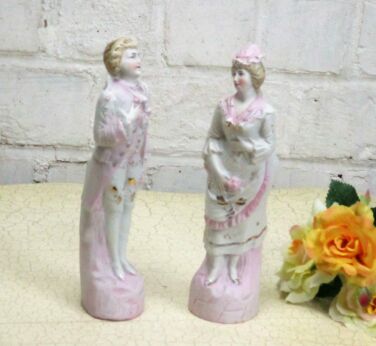 Couple Two Figurines Courting Woman Man Porcelain Bisque Marked 7.87"