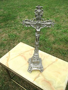 Antique Crucifix Christ Cross Memento Mori Table Cross Zamac Ornament 17.13"