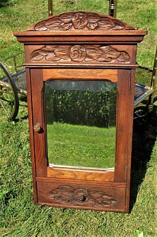 Antique Carved French Massive Oak medicine bathroom Cabinet Beveled mirror