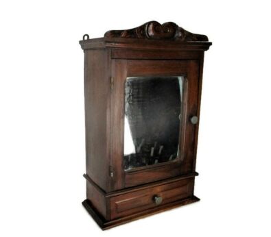 Vintage Ornate Wooden Kitchen Apothecary Wall Cabinet Mirror Pediment 1920s