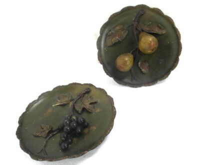 Two Small Plates Majolica Barbotine Art Deco Grapes Pears Antique 3D Charger Decorative