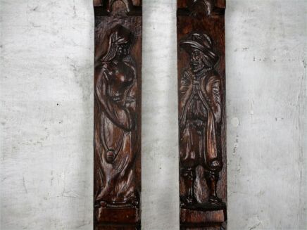Pair Corbels Hand Carved Wood Panels Architectural Brueghel Style Woman Man