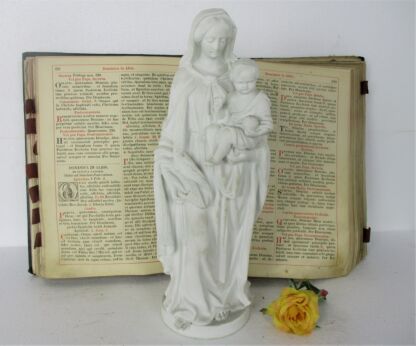 Antique Bisque Porcelain Statue Virgin Our Lady Mary Infant Jesus Gorgeous French 14.56"