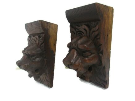Antique Pair Corbels Hand Carved Wood Architectural reclaimed LIon Heads Trim