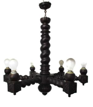Ornate Barley Twist Wood Chandelier Hand carved Wood 6 arm Lamp Barn Country