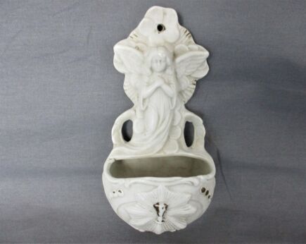 Antique   Holy Water Font Vessel Bisque Angel White Lovely Collector HTF
