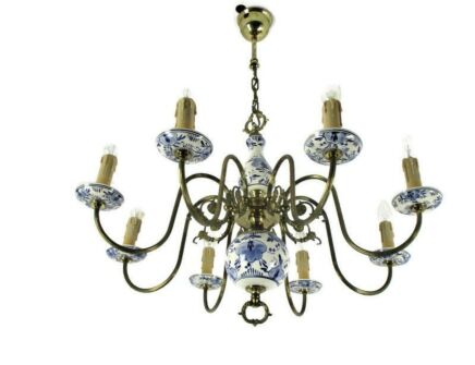 Delft Blue White Porcelain Ornate Brass Chandelier Dutch 8 Arm Lights Barn style