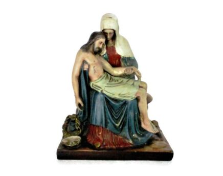 Polychrome Statue Pieta Plaster Jesus Christ Virgin Mary Holy Mother Sculpture Crown of Thorns