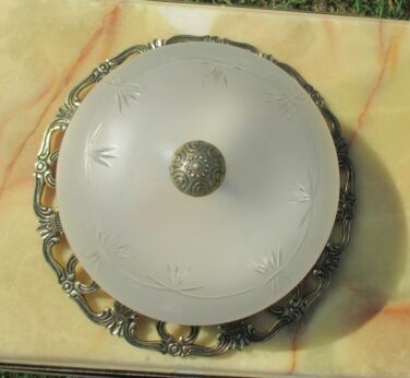 Vintage Small French Ceiling Lamp Fixture Plafonniere Brass Etched Glass 9.84"