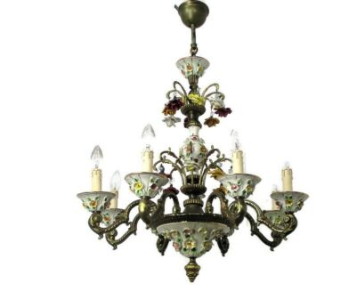 Capodimonte Ornate Chandelier 8 arm Lights Porcelain Flowers Italy Gorgeous