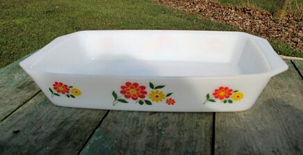 Vintage Arcopal France Bowl Oven Dish Milk Glass Casserole Flower pattern