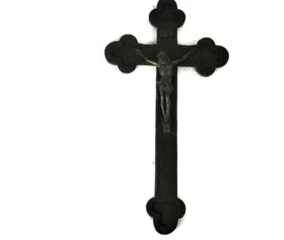 Hand Carved Wood   Hanging Ornate Crucifix Jesus Christ Christianity  Faux Brass Spelter  Corpus 21.65"