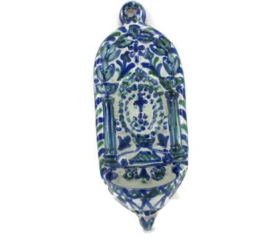 Large Blue  White Spanish Holy Water Font Vessel hand Painted Ceramic Wall Hanging Marked Arabe