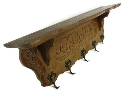 Vintage Carved Wood Coat Hat Rack Ornate Breughel Style Kitchen Hallway