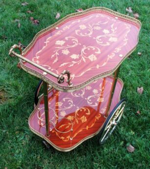 Stunning Bar Cart Italian Hollywood Regency Gold Chrome Wood Inlay Marquetry