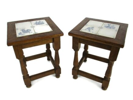 Couple Small  Inlaid Tile Top Side Coffee tables Delft Blue Blue white country style