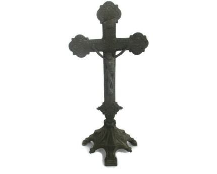 Vintage  Standing Table Crucifix Cross Calvary Jesus Christ Mid Century Modern Spelter