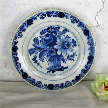 19th Century Hand Painted Delfts Delft Blue Plate Flower Basket Collector HTF