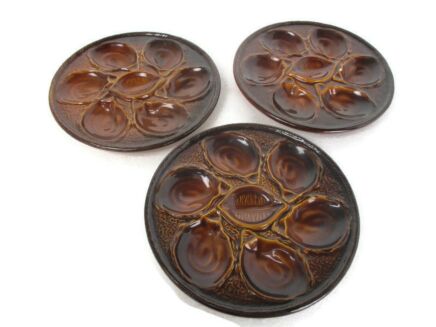 St Clement Set of 3 French Oyster Plates Brown Faiance Porcelain
