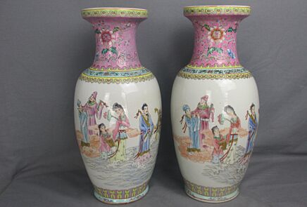 Pair Chinese Porcelain Republic period Famille Rose Rouleau Vases Vase 18.1"