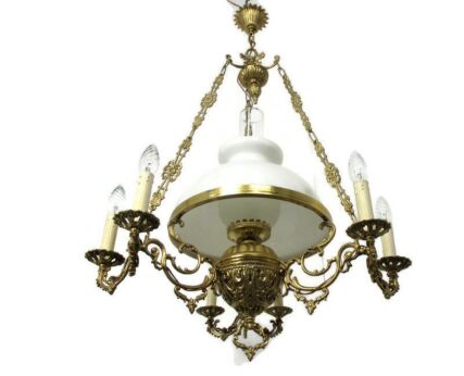 Art Nouveau Chandelier Lampe Belge Revival Opaline Shade 7 lights White Shade