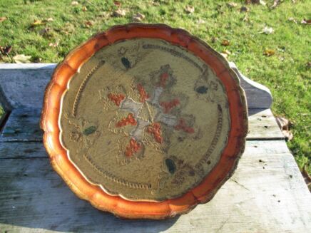 Small Italian Mid Century Hollywood Regency Florentine Serving Tray Orange Round