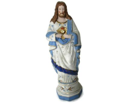 Antique  Statue Bisque Porcelain Jesus Christ Saviour Holy Sacred Heart Gorgeous