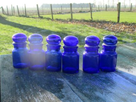 6 small Cobalt Blue Glass Belgian Apothecary Jar Kitchen Container Bottles