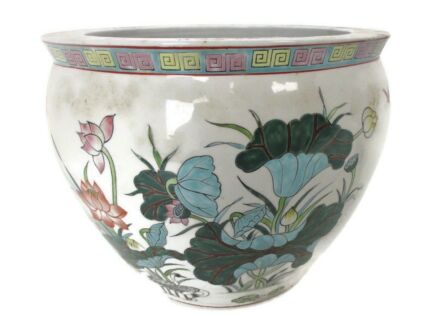 Vintage Chinese Porcelain Enamel  Koi Fish Bowl Planter Vase Butterflies Birds Flowers Cachepot