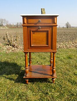 Vintage Carved wood White Marble Top End Table Drawer Nightstand Drawer Wheels