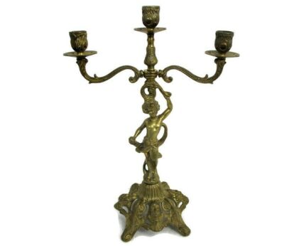 Candle Holder Candelabra 3 arm Centerpiece Cherub Putti Angels on Base  Embossed Brass Ornate WOW
