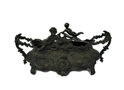 Art Nouveau French Planter Jardinière Ornate Embossed Centerpiece Brass Putti Cherubs