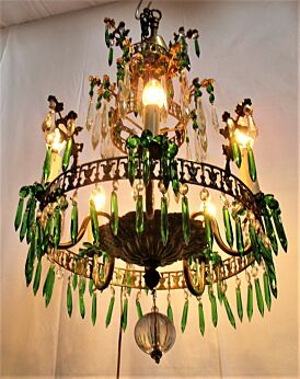 Art Nouveau Antique 3 Tier Wedding Chandelier Green Prisms 1900 Brass bronze