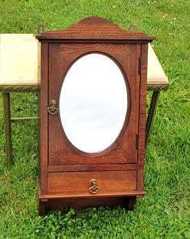 Antique Wood medicine bathroom Wall Cabinet Oval Beveled mirror Apothecary