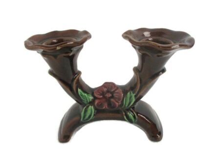 French Brown Double Candle stick Candle Holder Candelabra Majolica