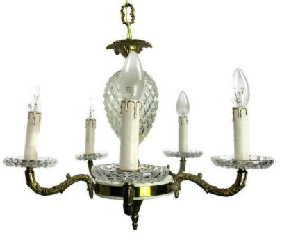 Vintage French Empire Chandelier Brass Bubbled glass Rare 5 Lights Tole Regency
