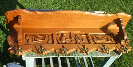 Vintage Hand carved Oak Breughel Coat Wall Rack Hanger 6 Hooks Kitchen Shelf