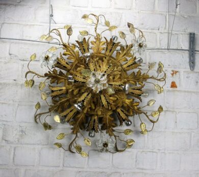 Hollywood Regency Chandelier Gilt Metal Tole Plafonnière Murano? Glass 15 Lights