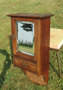 Antique French Massive Oak medicine bathroom Cabinet Beveled Glass mirror Inlay