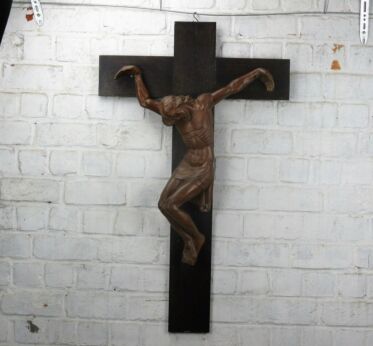 XL Ornate Hand Carved Wood Hanging Crucifix Dramatic Corpus Jesus Nasarenus 36"