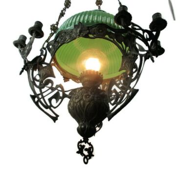 Huge Art Nouveau Chandelier Lampe Belge Revival Opaline Shade Ornate Working HTF