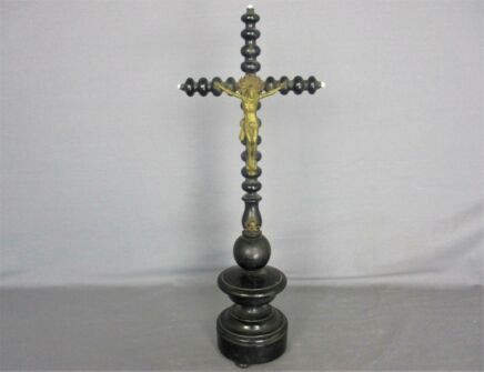 Large Antique Dark Carved wood Table Standing Crucifix Round Base  Bobbin  Brass Corpus