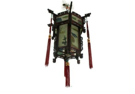 Vintage Chinese Hanging Lantern Ceiling Light Painted Glass Panels Floral