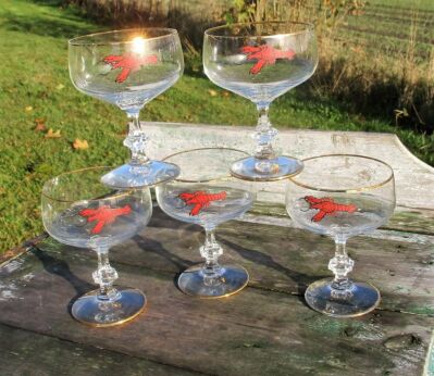 5 Lobster Seafood Apero Cocktail Glasses Festive Gold Rim Red Lobster