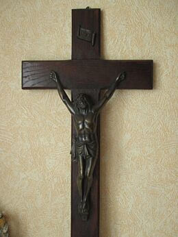 Large Antique Gothic Wood Crucifix Brass Religious Cross Jesus Christ