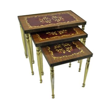 set of 3 Vintage Nesting Stacking Coffee Side Tables Brass Marquetry