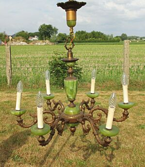 Antique French Empire Style Chandelier Lamp 6 arm Brass Onyx Marble Stunning