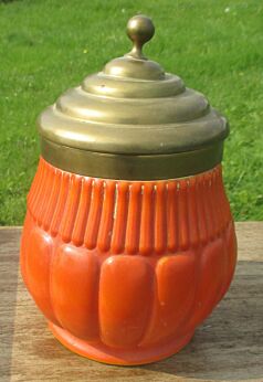Vintage Opaline Orange Tobacco Jar Brass Lid Covered Box