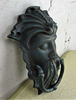 XL Cast Iron Door Knocker Neptune Head Ring Architectural Reclaimed Mythological