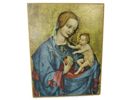 Small Religious Icon Virgin Mary Infant Child Print on Wood Gorgeous Picture Madonna with Apple